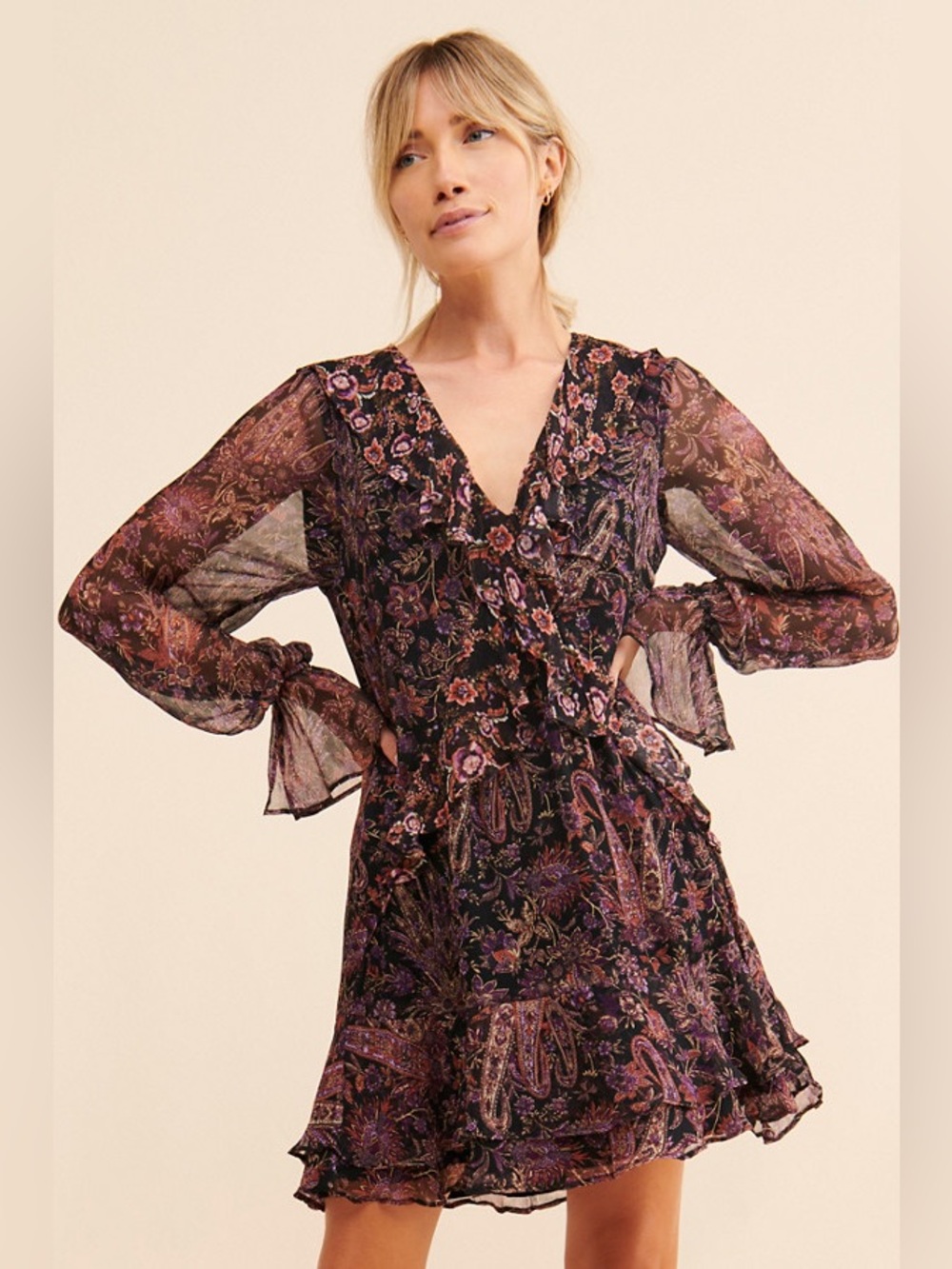 Stevie May Ruffled V-Neck Paisley Mini Dress Black Size Large